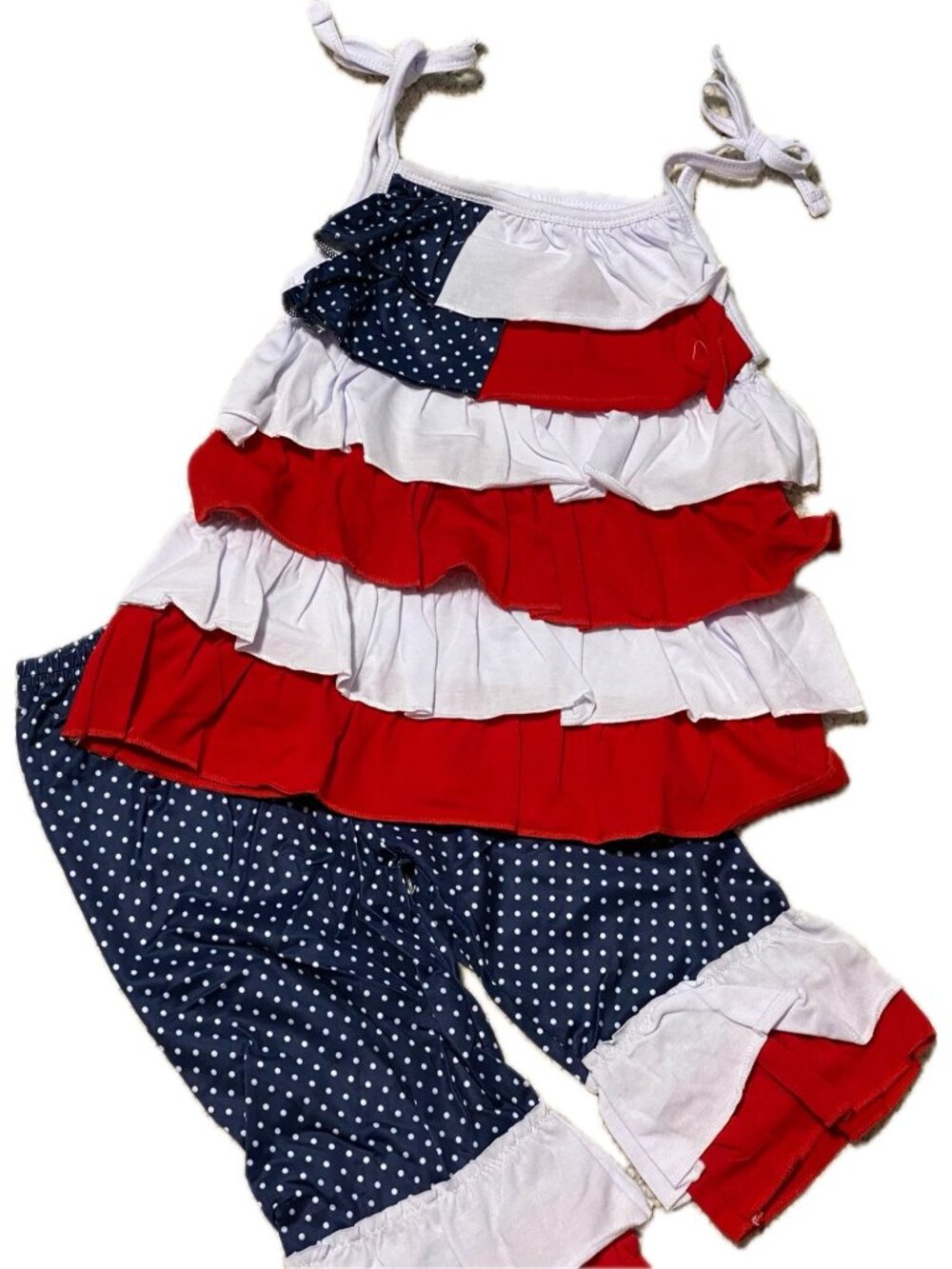 NWOT girls 8 9 American flag USA patriotic ruffle capri tank Set July 4 FOJ dots